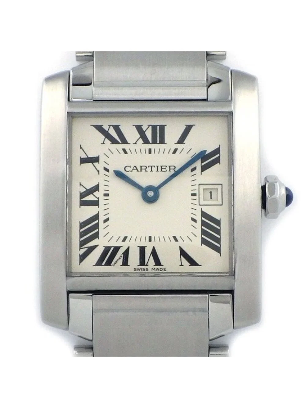 Cartier Watch Tank Francaise MM Square Ivory Dial Roman Index Date SS Quartz